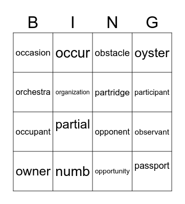 6th Grade Vocabulary Bingo Card