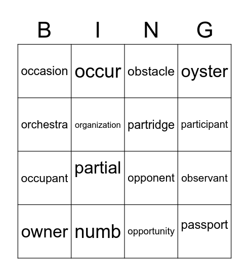 6th Grade Vocabulary Bingo Card