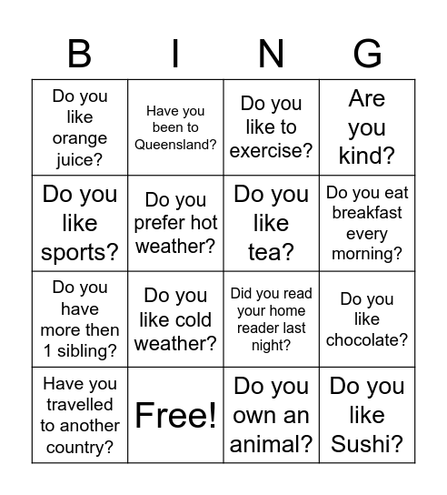 24 Questions Bingo Card
