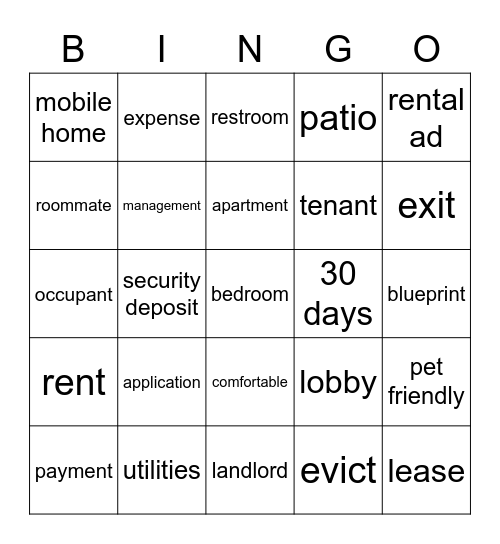 Apartment Bingo Card