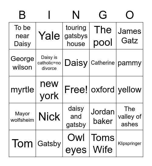 Great Gatsby Bingo Card