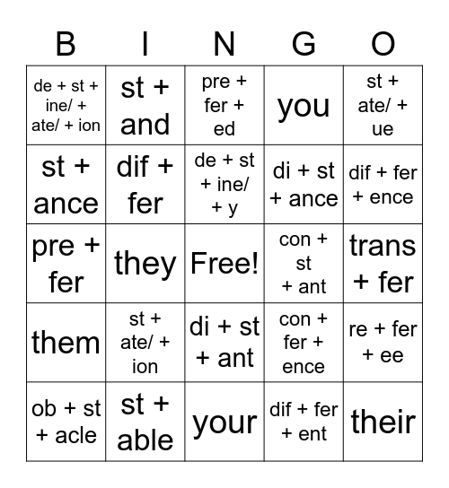 <st> word family Bingo Card