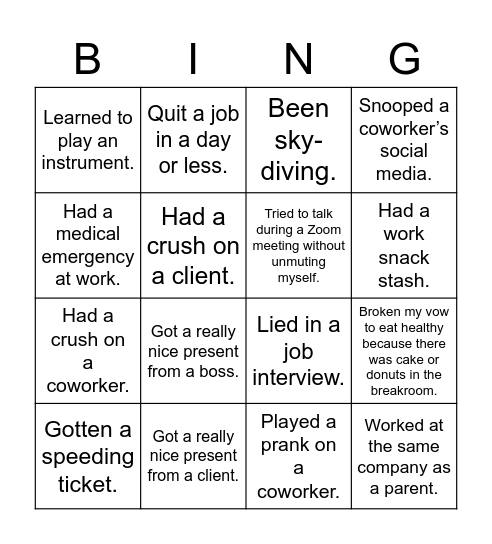 NEVER HAVE I EVER Bingo Card
