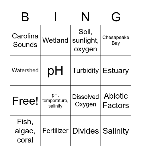 Watersheds and Factors Bingo Card