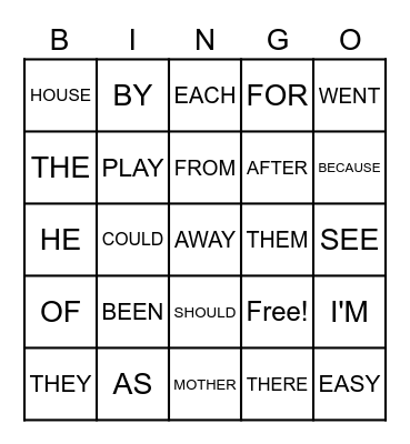 SNAP WORD BINGO Card