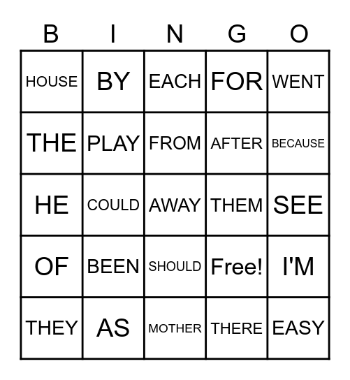 SNAP WORD BINGO Card