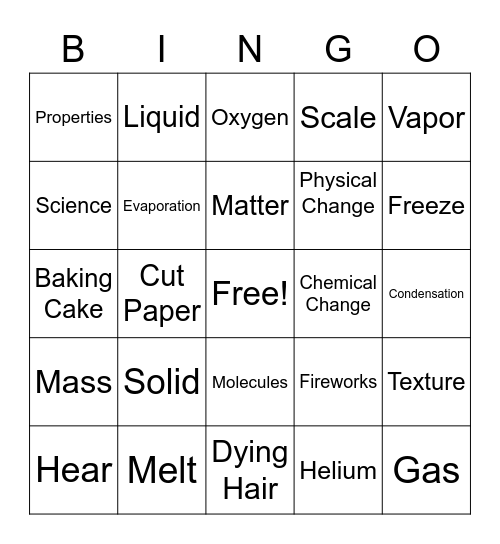 States of Matter Bingo Card