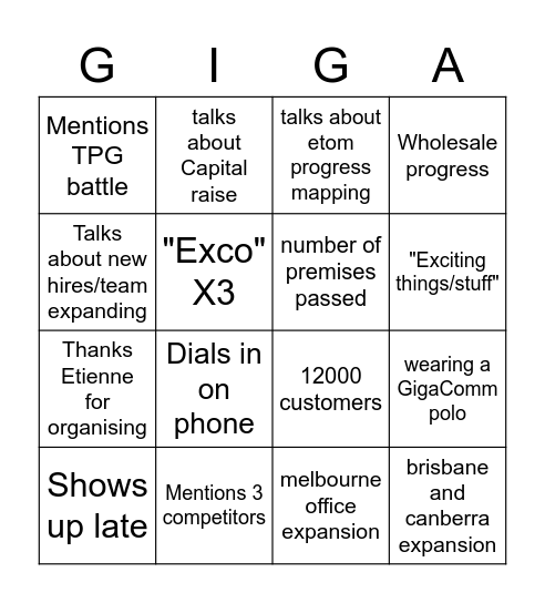 GigaComm Monthly Meeting Bingo Card