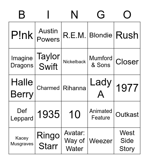 Photography Music, Movies, Oscars Bingo Card