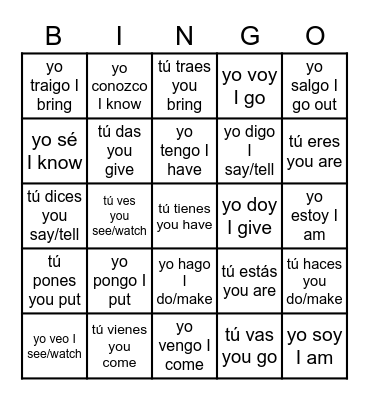 Irregular verbs - Present tense - Spanish 1-2 Bingo Card