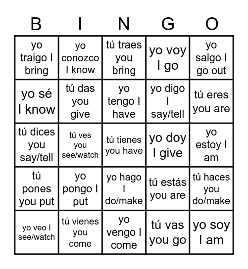 Irregular verbs - Present tense - Spanish 1-2 Bingo Card