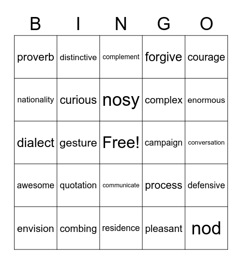 VOCABULARY Bingo Card