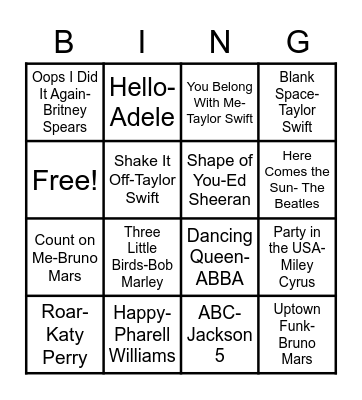 Pop Song Bingo Card