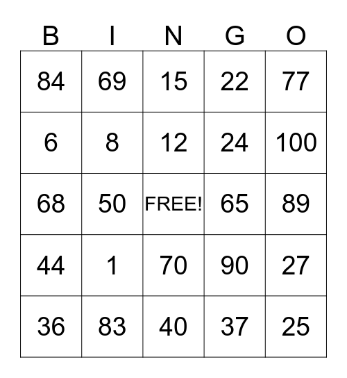 Hundred's Day Bingo Card