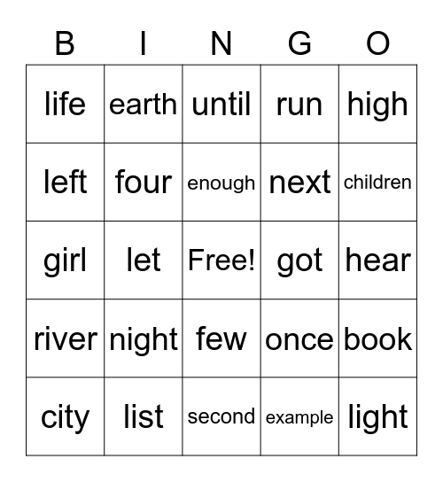 English Bingo Card