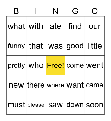 Sight Words - Bella Bingo Card