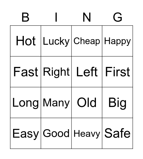 Adjectives (Antonyms) Bingo Card