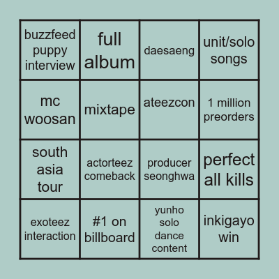 Ateez 2023 Bingo Card