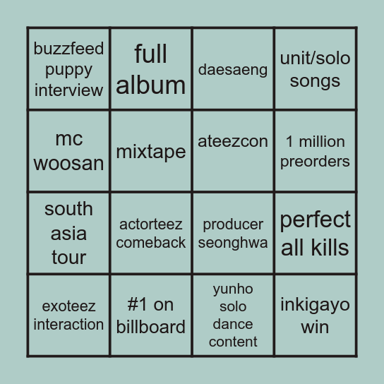 Ateez 2023 Bingo Card