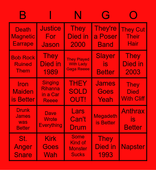 Metallica Hater Bingo Card