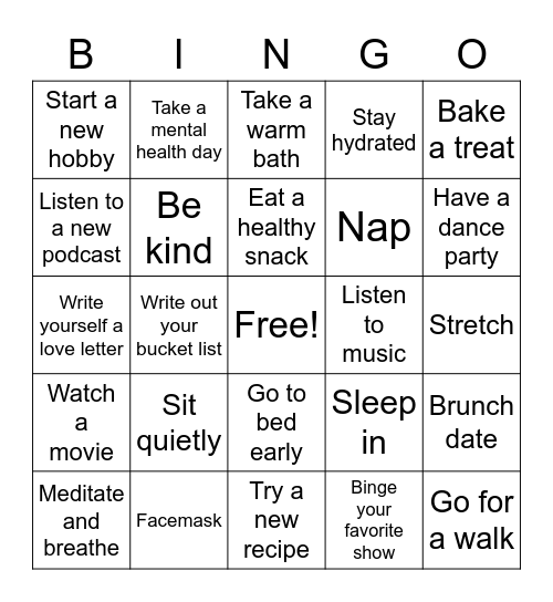 Self Care Bingo Card