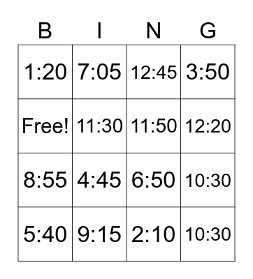 What's the time? Bingo Card