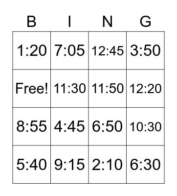 What's the time? Bingo Card