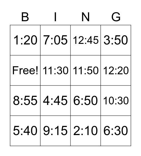 What's the time? Bingo Card