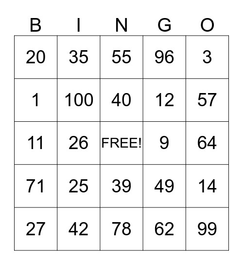 Hundred's Day Bingo Card