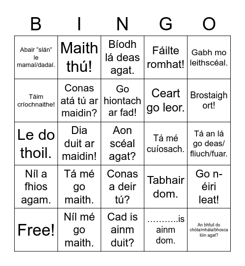 Frásaí Seachtain na Gaeilge Bingo Card