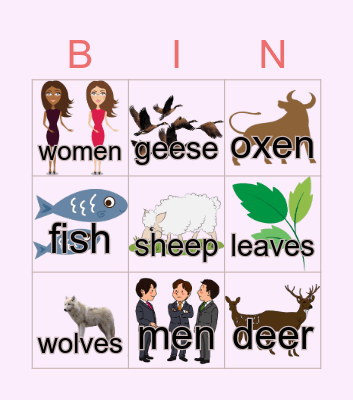 Irregular plural nouns Bingo Card