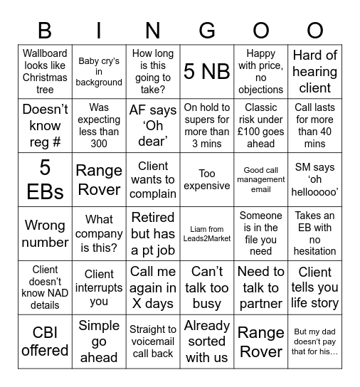 Adrian Flux Bingo Card