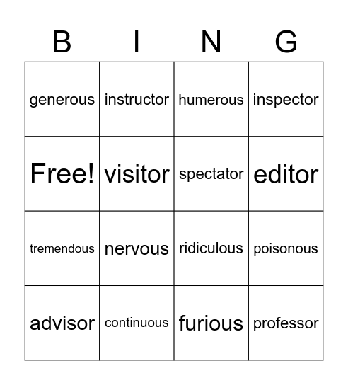 Suffixes: or, ous Bingo Card