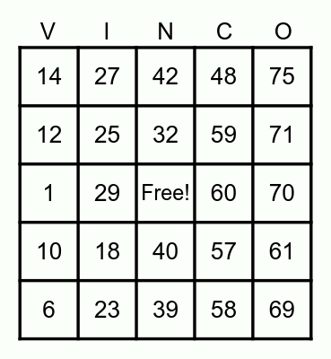 Real Vinco Bingo Card