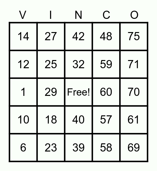 Real Vinco Bingo Card