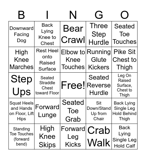 Hamstring Stretch (dynamic and static) Bingo Card
