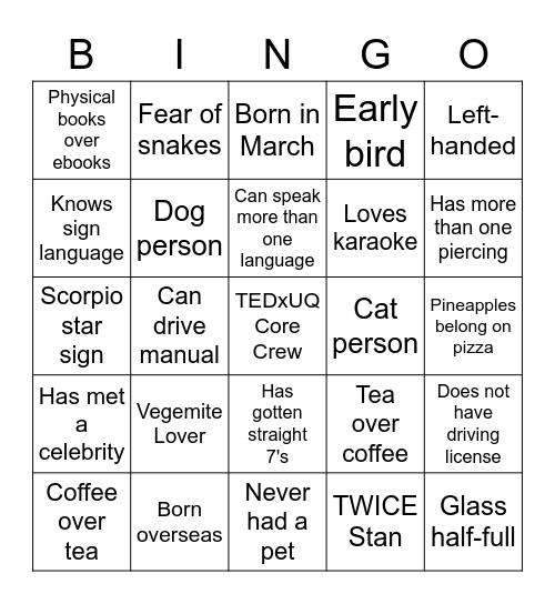 TEDxUQ Bingo Card