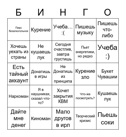 Безымянное бинго Bingo Card