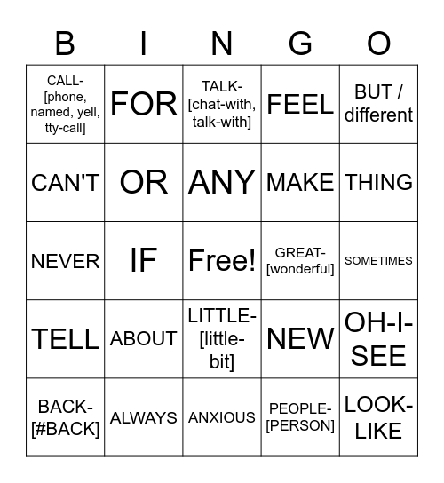 ASL 1 Lesson 11 Bingo Card