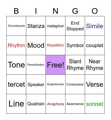 Poetic Devices Bingo Card