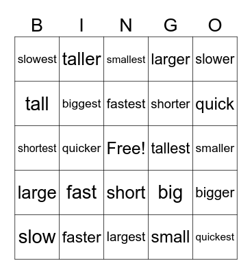 Comparative Endings Bingo Card