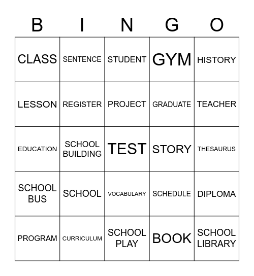 School Days Vocabulary Bingo Card