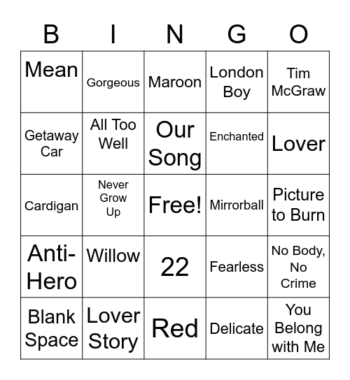 Taylor Swift Bingo Card