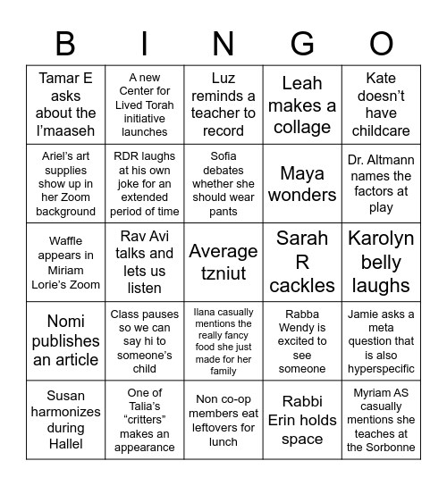 Purim Shtick Bingo Card