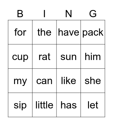 cvc and sight words Bingo Card