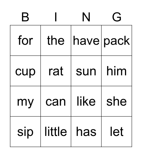 cvc and sight words Bingo Card
