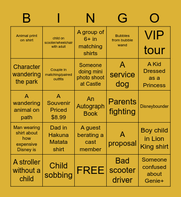 Animal Kingdom/Magic Kingdom Bingo Card