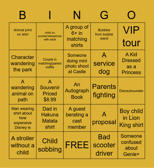 Animal Kingdom/Magic Kingdom Bingo Card