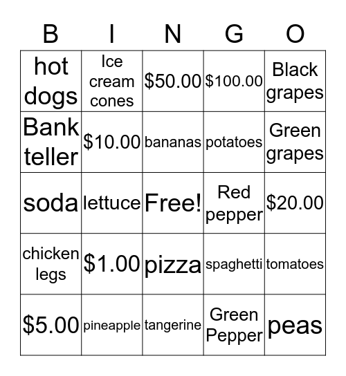 Money and the Grocery Store Bingo Card