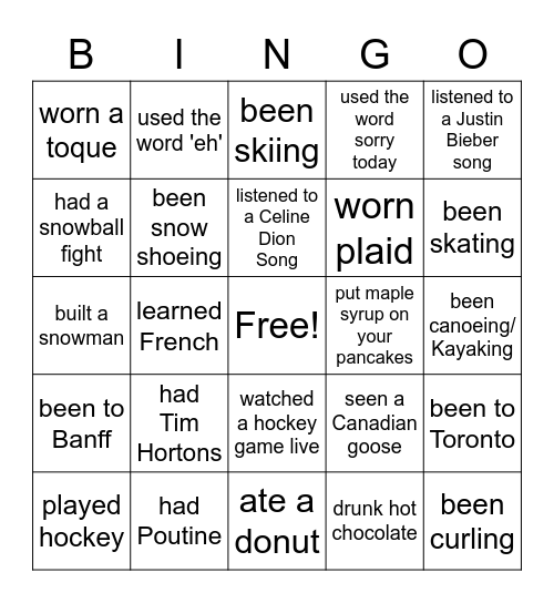 Canadian stereotypes Bingo Card